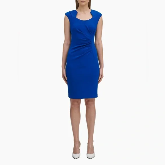 cobalt blue sheath dress Tracy Studio COBALT BLUE LONG SLEEVE TRAPEZOID NECKLINE BODYCON FULL DRESS main image 0